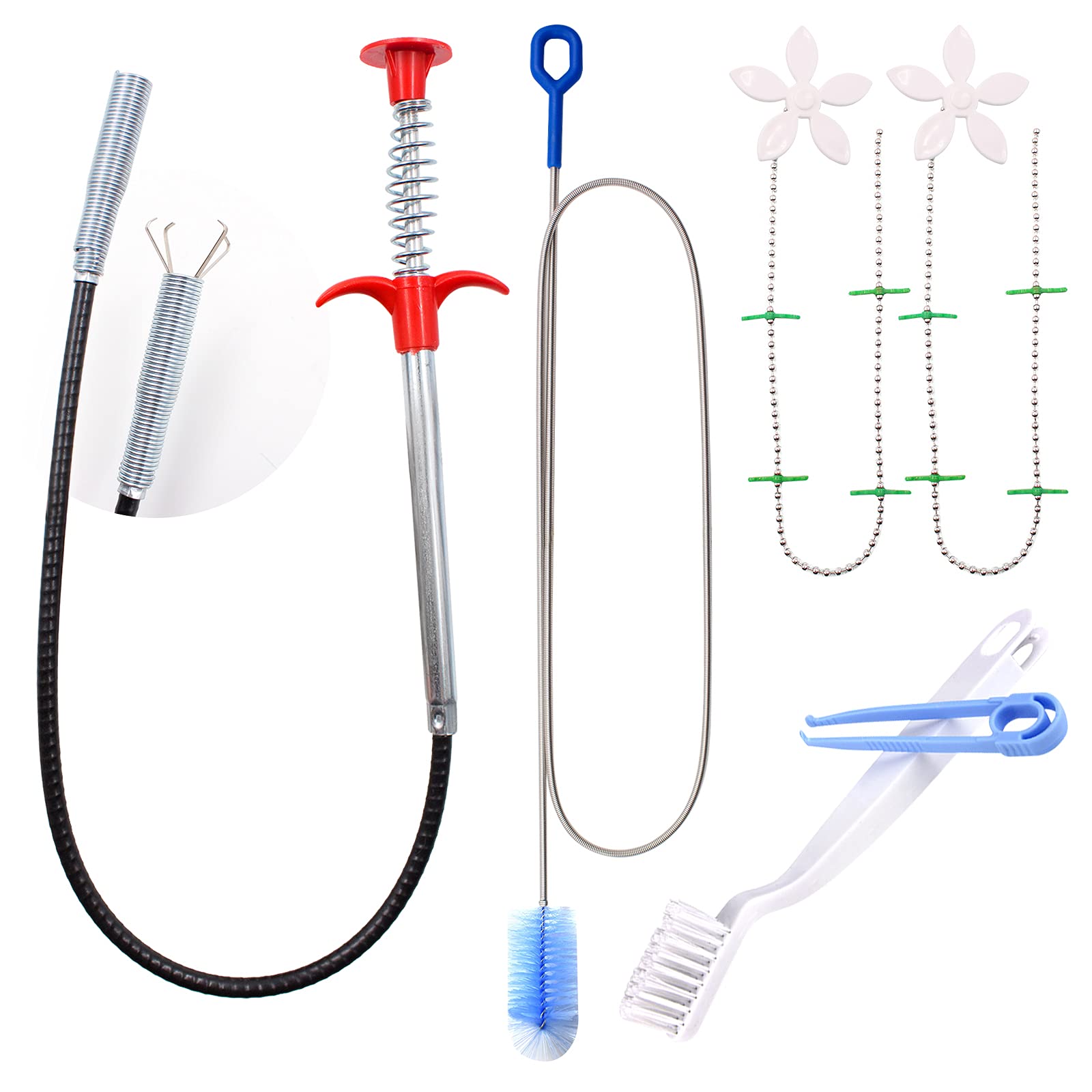Daily Treasures Cleaning Tool Kit,1 Drain Hair Remover,1 Long Handle Drain Cleaning Brush,2 Drainage Cleaning Chain， 1 Cleaning Brush with 1 Cleaning Clip,Plumber Snake for Kitchen Sink Bathtub Shower
