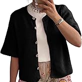 Womens Button Up Short Sleeve Cardigans Sweater Cropped Lightweight Round Neck Elegant Knit Tops with Pockets