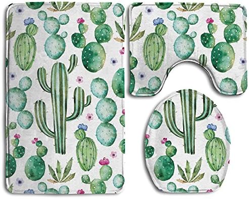SarahKen Bathroom Rug Cactus Plants Spikes Cartoon Like Art Print White Light Pink And Lime Green 3 Piece Bath Mat Set Contour Rug And Lid Cover