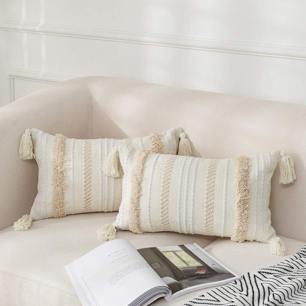 Sungea Woven Boho Lumbar Throw Pillow Covers, 12 x 20 Pack of 2 Decorative Pillowcases Minimalist Neutral Collection Cream White Tufted with Tassels Cushion Covers for Farmhouse Sofa Couch Living Room