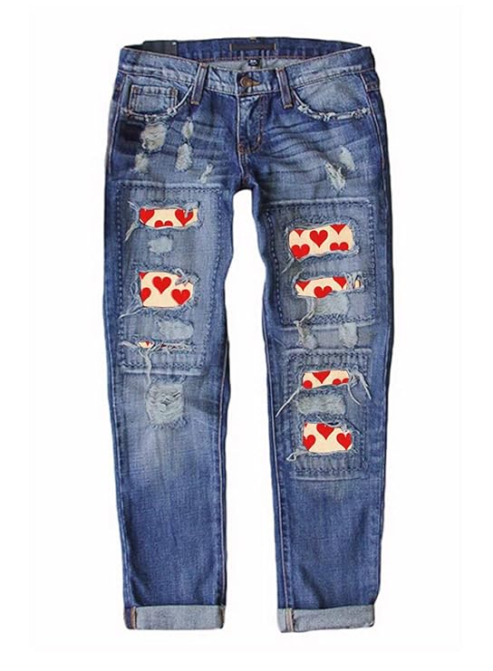 Buy Astylish Women Distressed Ripped Jeans Cute Plaid Patches Casual