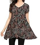 POGTMM Womens Summer V-Neck Short Sleeve Pocket Blouse Floral Print Swing Tunic Tops
