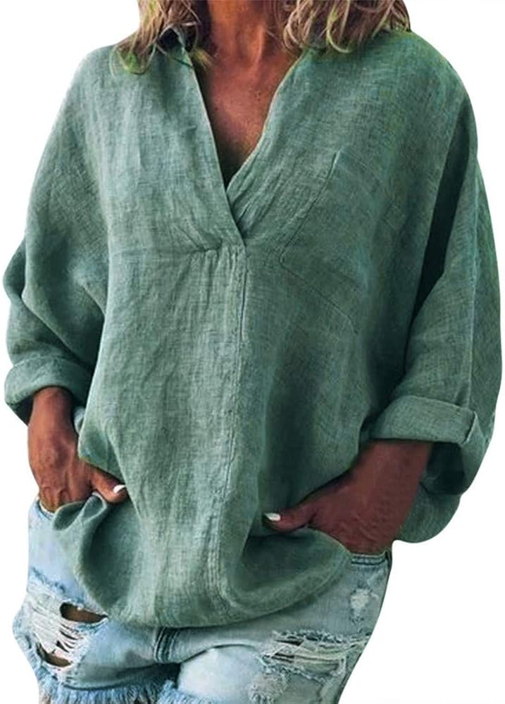 Aniywn Women V-Neck Linen Blouse T-Shirt Loose Solid Simple Pullover Top