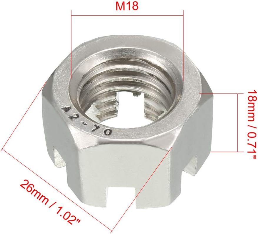 sourcing map M18 x 2.5mm Pitch 304 Stainless Steel Slotted Hex Nuts, Pack of 5, M18,5 pcs - Image 3