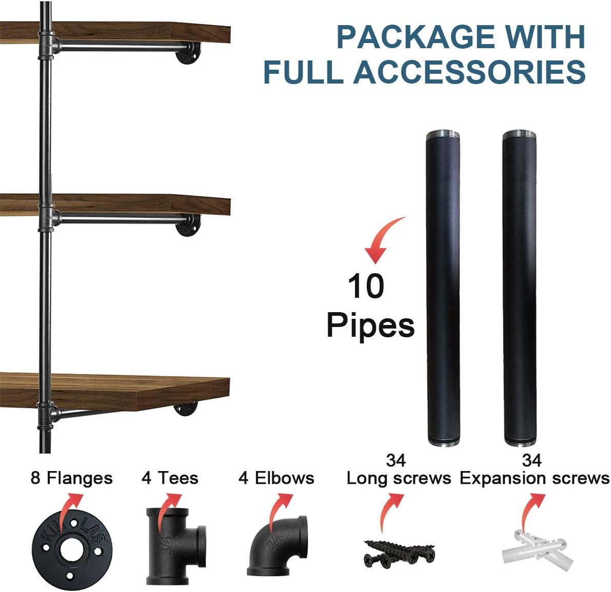 2-Pack Industrial Pipe Shelf Bracket, 3-Tier Wall Mounted Iron Shelving Bracket Vintage Black for DIY Shelf Office Room Kitchen (Plank Not Included): Home Improvement