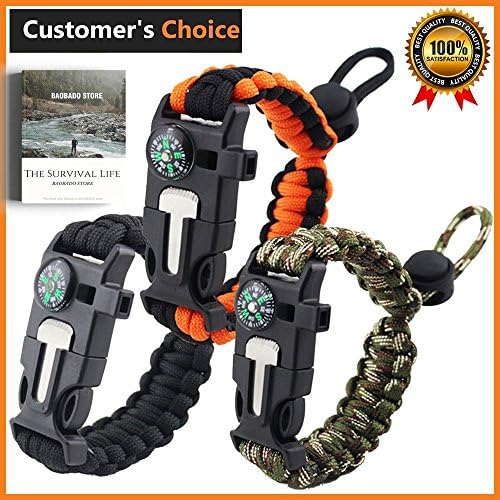 Premium Paracord Bracelet-Set of 3-Outdoor Emergency Paracord Survival Bracelet 5 in 1 With Compass,Flint Fire Starter,Emergency Scraper/Knife,Whistle,Rescue Rope-Perfect for Camping,Hiking,Trekking