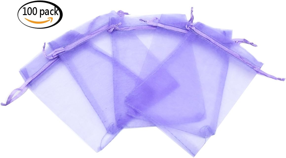 Set of 100 5x7 Inches Sheer Organza Drawstring Pouches for Festival Wedding Party Favor Candy Wrap Bags by JSSHI(Light Purple)