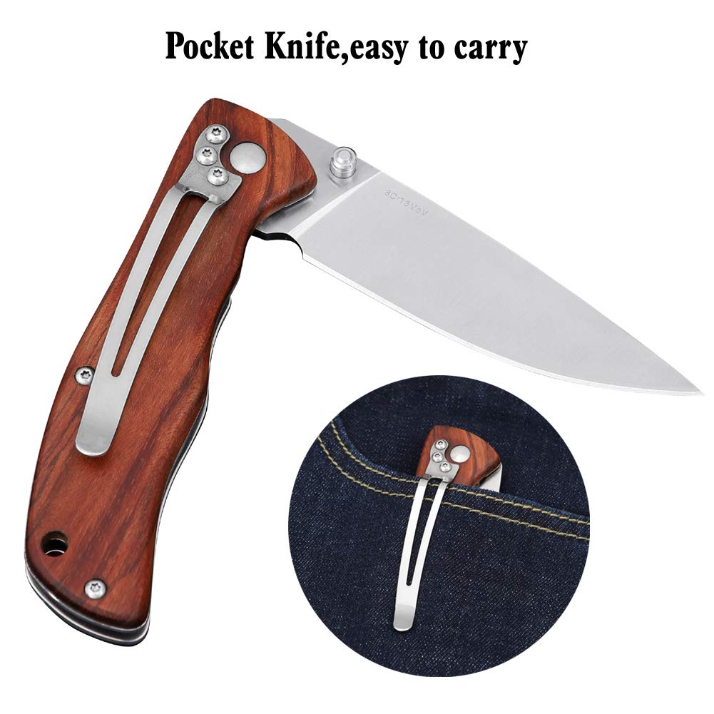 Liner Lock Folding Knife with 8Cr13MoV Stainless Steel Blade, Brown Wood Handle, Belt Clip Outdoor Hunting Camping Tactical Tool EDC Pocket Knives