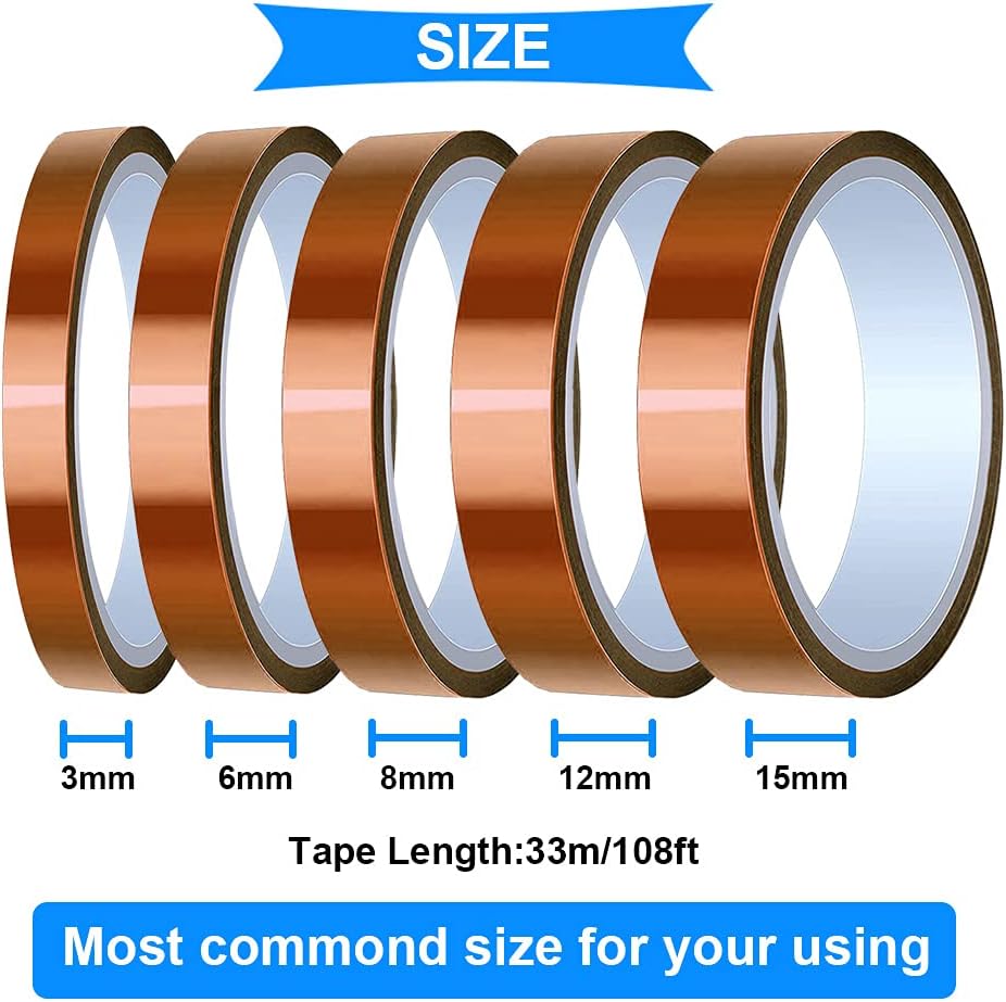 Youmile 5 Rolls High Temp Tape Polyimide Heat Resistant Tape 3/6/8/12/15mm x 33m(108ft) Thermal Tape High Temperature Tape for Soldering, Heat Transfer with 2 Rolls 15mm x 10m(33ft) Teflon Tape - Image 3