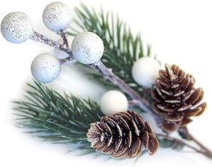 OLYPHAN White Christmas Berries/Berry Stems w. Pine Branches & Artificial Pine Cones/White Holly Spray/Wreath Picks for Winter Décor, Holiday Crafts, Xmas Decorations/Decorative Pick