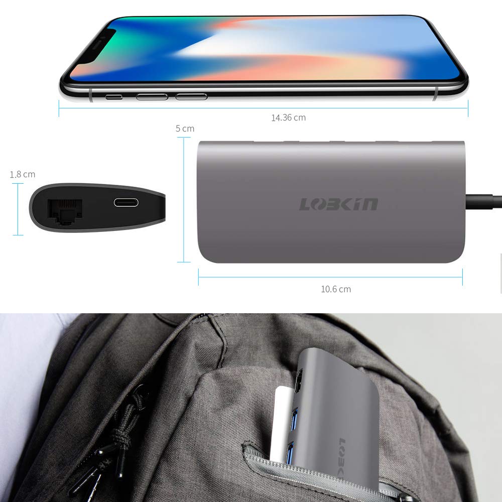 LOBKIN Hub USB-C 8 en 1 con Carga PD, Fabricado en Aluminio, Puerto ethernet, Salida HDMI 4K, 4 USB 3.0, Ranura SD y Micro SD, Puerto de Carga Tipo C