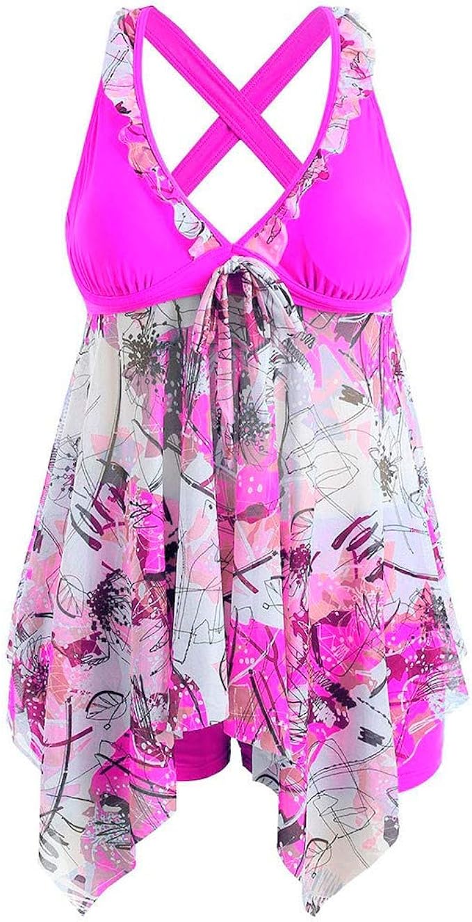 Amazon.com: Forthery-Women Plus Size Bikini Bohemian Tankini Tummy Control Swimsuit V Neck Two 