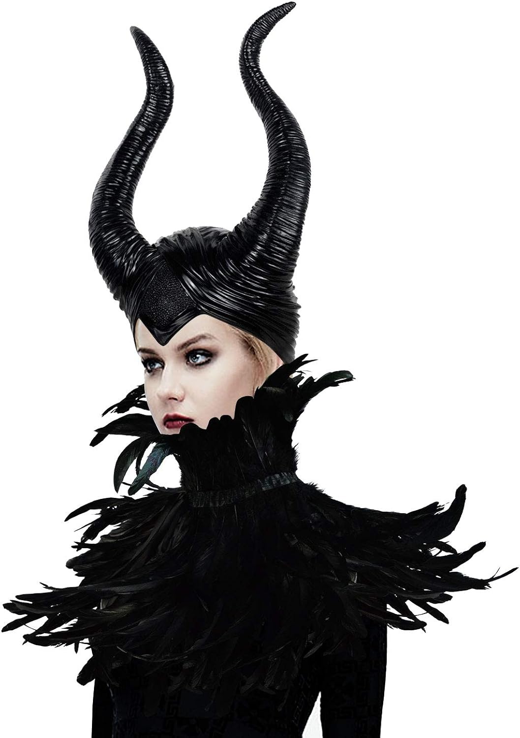 Gothic Black Crow Costume Feather Cape Shawl with Maleficent Horns Cosplay Set: Clothing