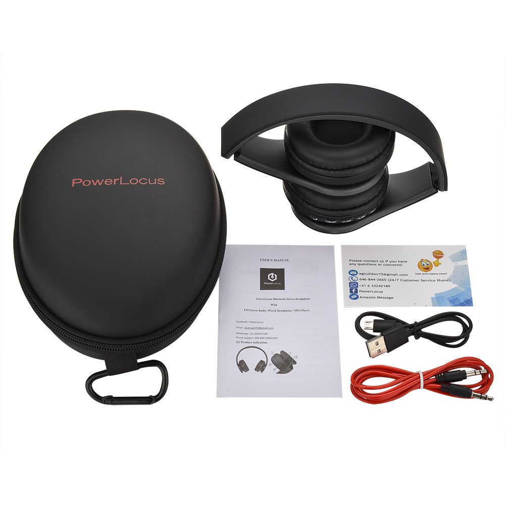 PowerLocus Wireless Bluetooth Over-Ear Stereo Foldable Headphones, Wired Headsets Noise Cancelling with Built-in Microphone for iPhone, Samsung, LG, iPad (Black)