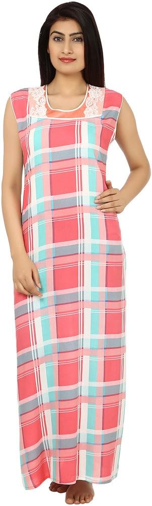 Saashiwear Women's Nightgown Cotton Printed Embroidered Ethnic Indian Maxi Kaftan Pink