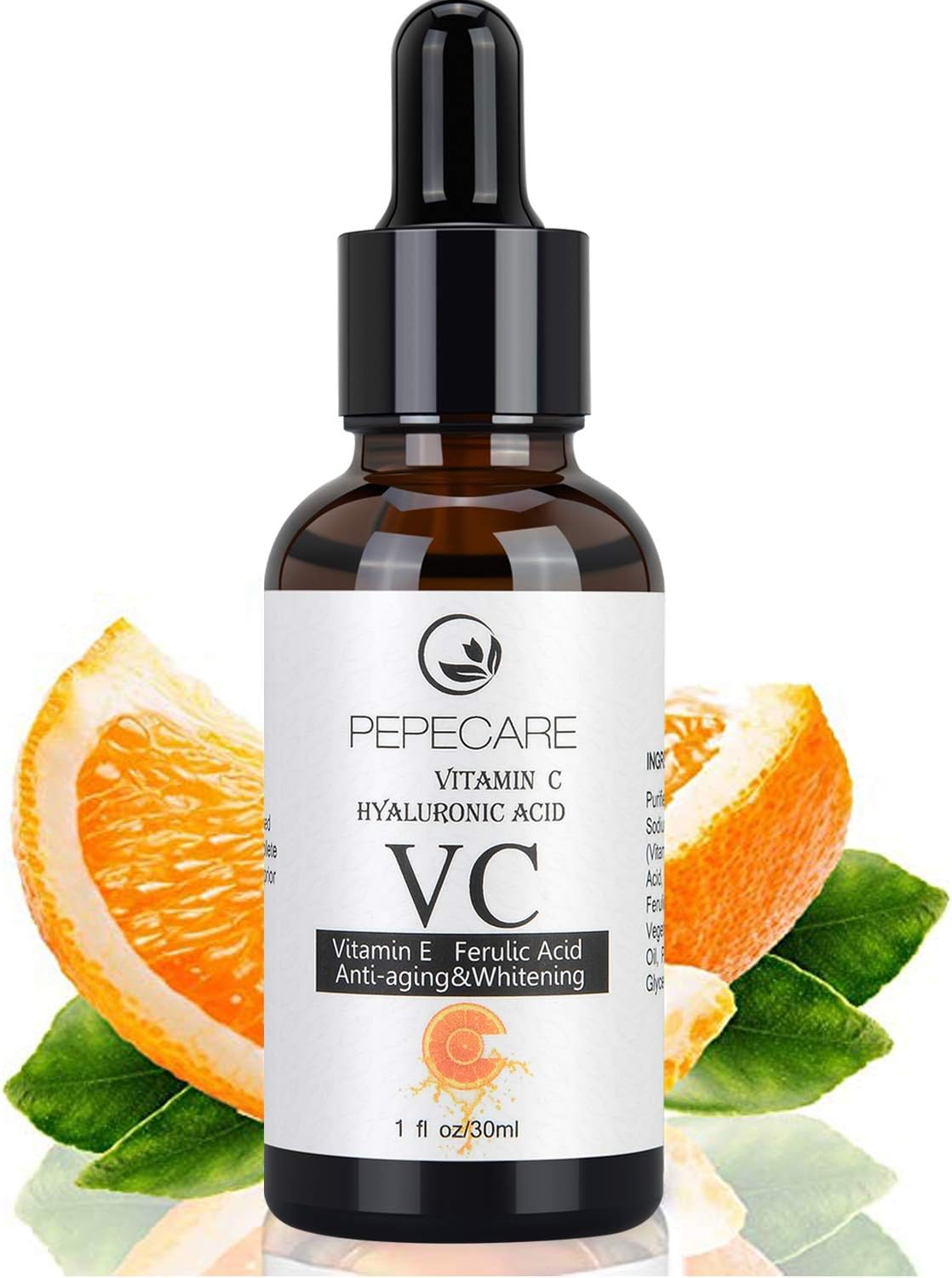 PEPECARE Natural Vitamin C Serum for Face Anti-aging & Whitening, Topical Facial Serum with Hyaluronic Acid & Vitamin E, 1 fl oz.