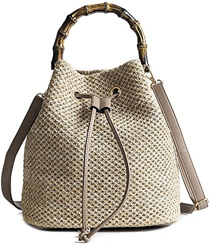 YSMYWM Women Straw Braid Handbag Tote Summer Holiday Woven Shoulder Bag Crossbody Bag with Bamboo Handle (Khaki)