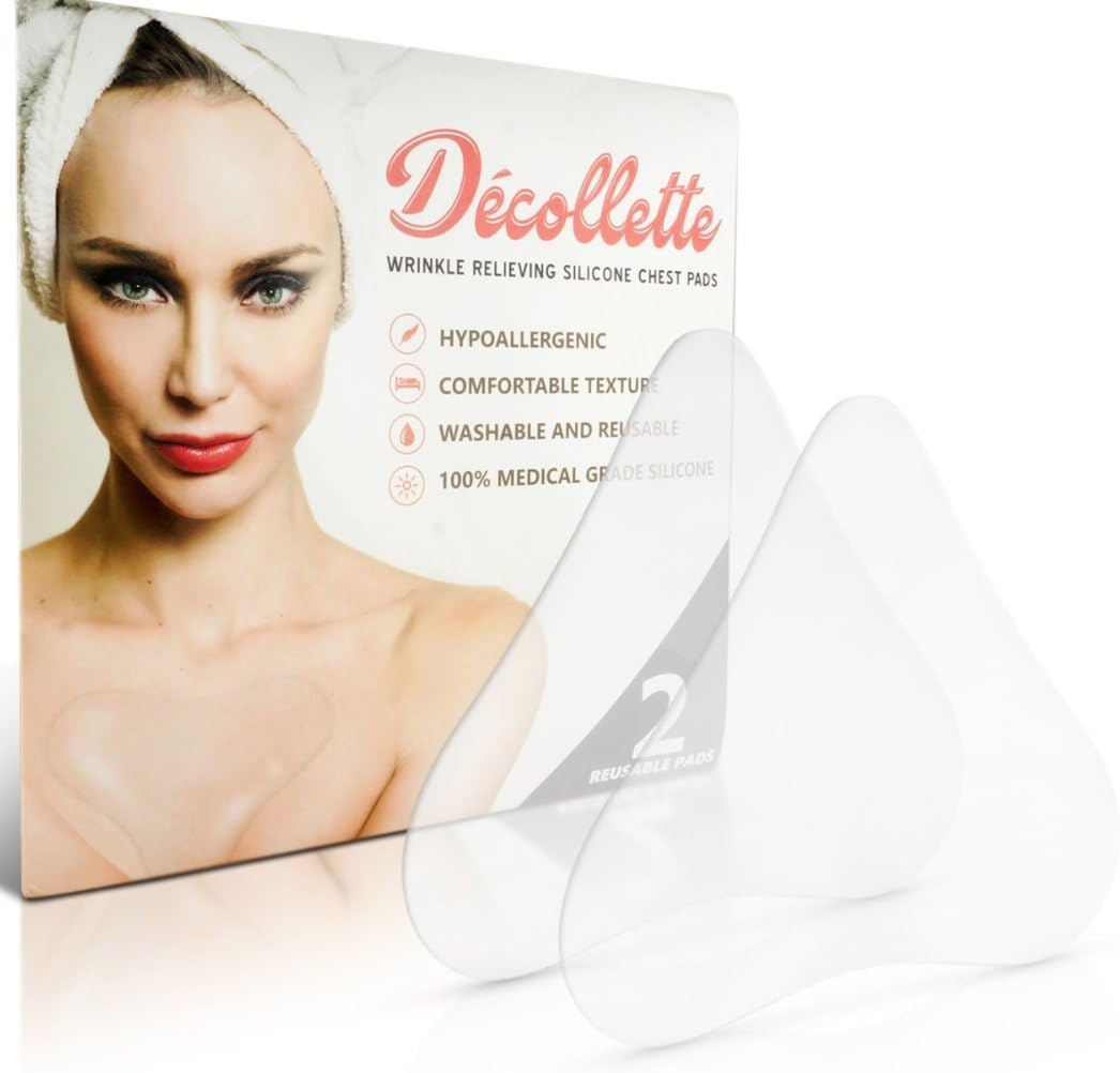 Decollette Pads - 5.4" x 5.4" Silicone Wrinkle Pads - Prevents and Eliminates Chest Wrinkles - Comes with 2 Anti Aging Patches - Up to 30 Uses - Experience Smooth and Wrinkle-free Chest Overnight