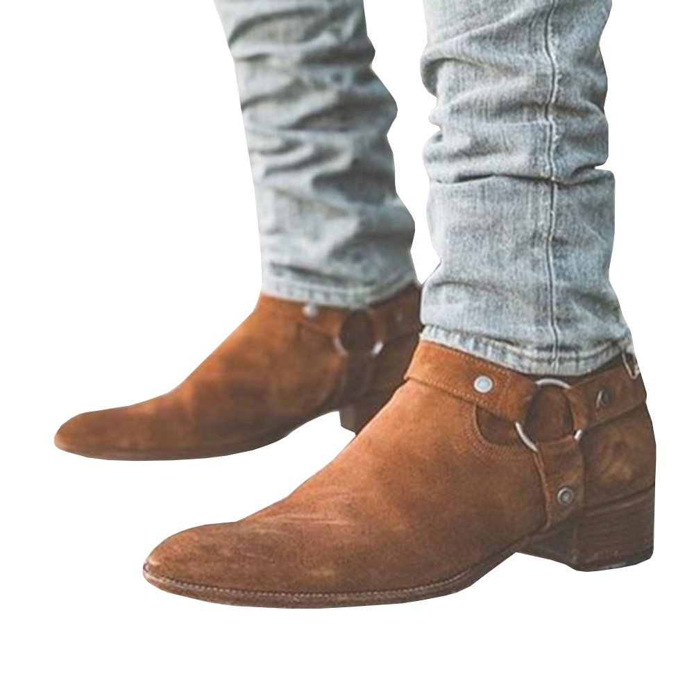 LAICIGO Mens Wyatt Harness Boots Chunky Low Heel Zip-up Pointed Toe Faux Suede Winter Ankle Booties