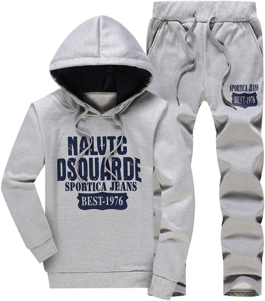 Men's Casual 2 Piece Outfits Long Sleeve Hooded Sweater Top& Pants Jumpsuit Set