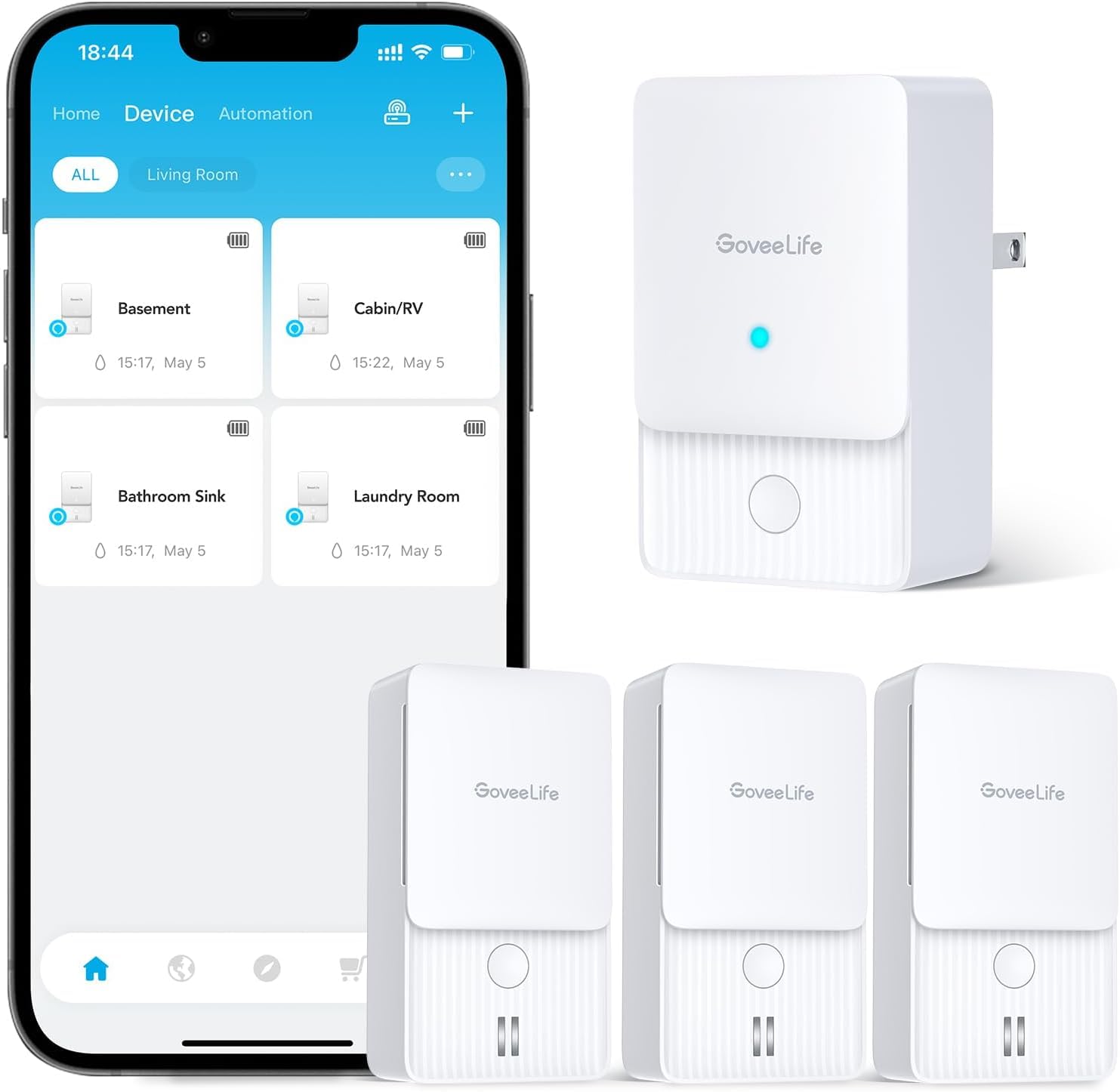 GoveeLife Premium Smart Water Leak Detector 2 with 1968ft Ultra-Long Range, WiFi Water Sensor with SMS/Email/APP Push and Sound Alarm, 5-Year Battery Life, Suitable for Home, Basement, Kitchen, 3 Pack Image