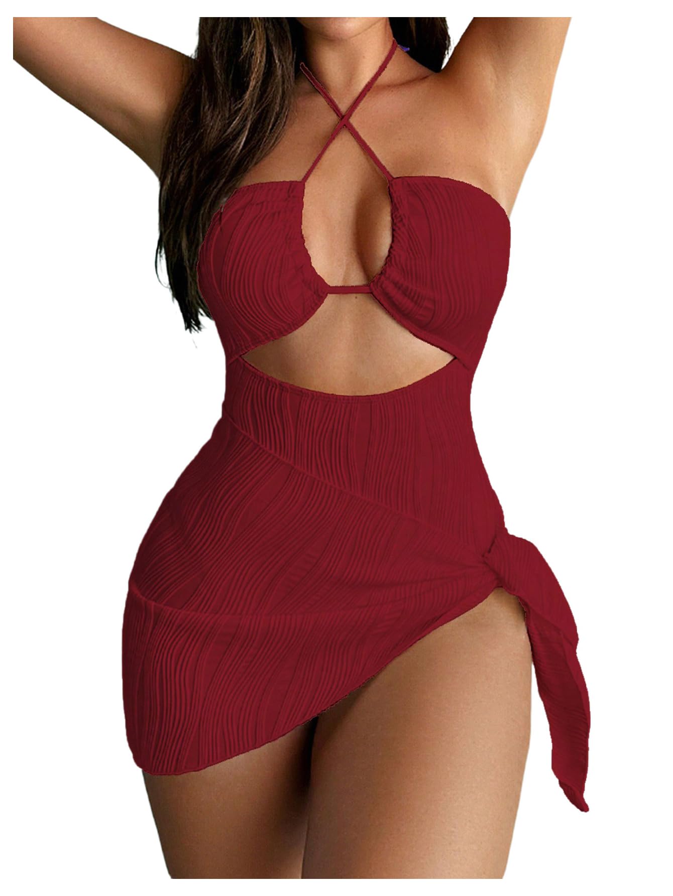 Photo 1 of (used/fair) SOLY HUX Women's One Piece Swimsuit Criss Cross Halter Cut Out Bathing Suit with Cover Up Solid Burgundy Medium