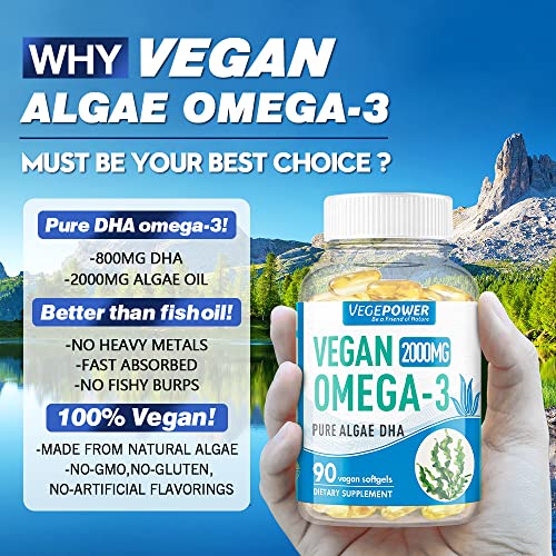 Vegan Omega3 Algae DHA Supplement 2000mg Algae Oil, PlantBased