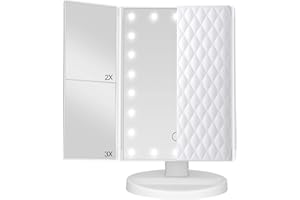 TiKenSo Trifold Vanity Mirror with Lights，Tabletop Mount Makeup Mirror with Lights and 1x/2x/3x Magnification 21LED Mirror Touch Screen Two Power Supply Modes Make Up Mirror