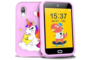 TYWOP Kids Smart Phone Toys Age 3-8 Girls Pretend Phones with Unicorn Case 28 Puzzle Games Dual Camera Music Storybook ABC Alphabet Cards Alarm Clocks Touchscreen Learning Toys Lanyard 8G SD Card