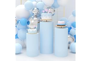 Babenest Baby Blue Cylinder Pedestal Stand Covers Set of 3, Spandex Vintage Round Pedestal Covers, Elastic Cloth Pillar Plinth Cover for Birthday Wedding Party Reception Decoration(Without Stands)