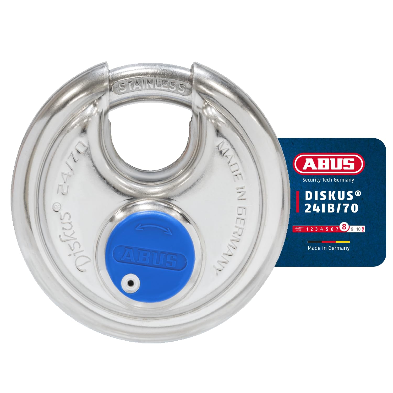 ABUS Diskus Padlock 24IB/70 Made of Stainless Steel - with 360° All-Round Protection - for securing in Extreme Weather Conditions - ABUS Security Level 8 - Silver/Blue