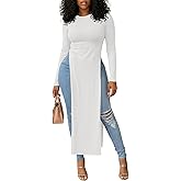 OPOIPIN Women's Crew Neck Split Slit Hem Long Sleeve Slim Fit Tee Top Long Shirt Tunic
