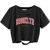 Avanova Women Crop Tops Brooklyn Graphic Tee Oversized Short Sleeve Distressed Tshirt Black Brooklyn XX-Large