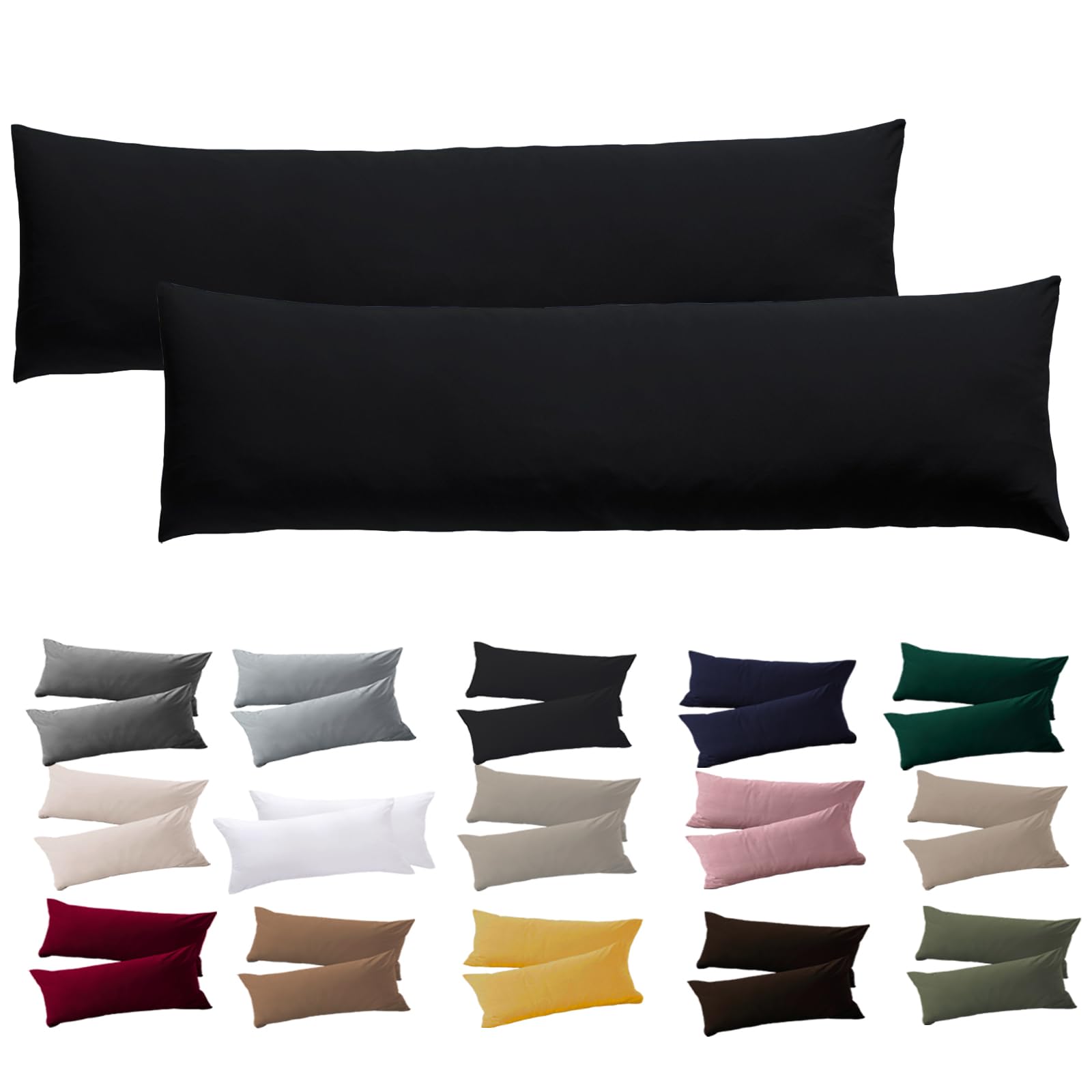 Soifox Side Sleeper Pillow Cover, 40 x 145 cm, Set of 2, Black Pillowcase with Zip, 100% Microfibre Resistant and Hypoallergenic Pillowcases for Side Sleeper Pillows