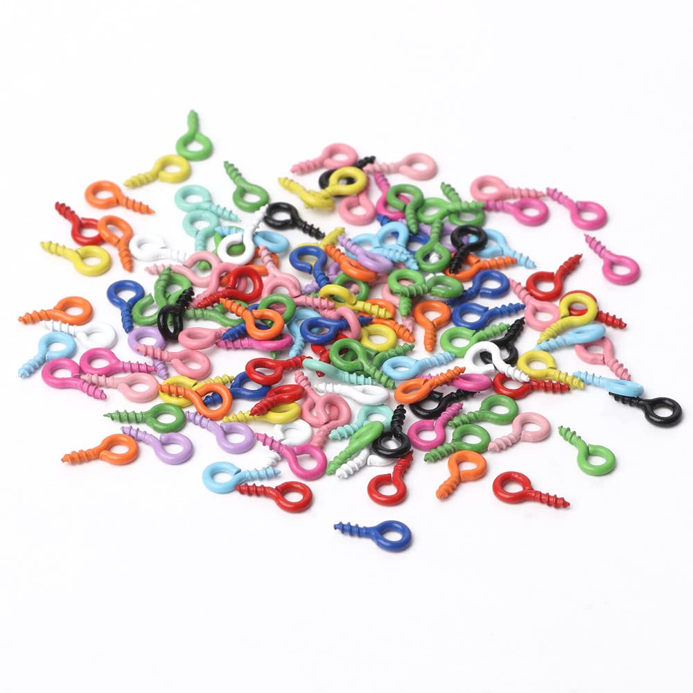 Heuskay 100PCS Small Screw Eye Pins Hooks Self-Tapping Eyelets mini Screw Eye Bails for Jewelry Making Findings DIY Crafts 5x10mm (Colorful)