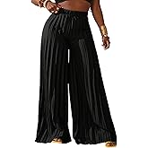 QJQ Women's Elegant Flowy Palazzo Wide Leg Pants Elastic High Waisted Loose Dressy Pleated Trousers