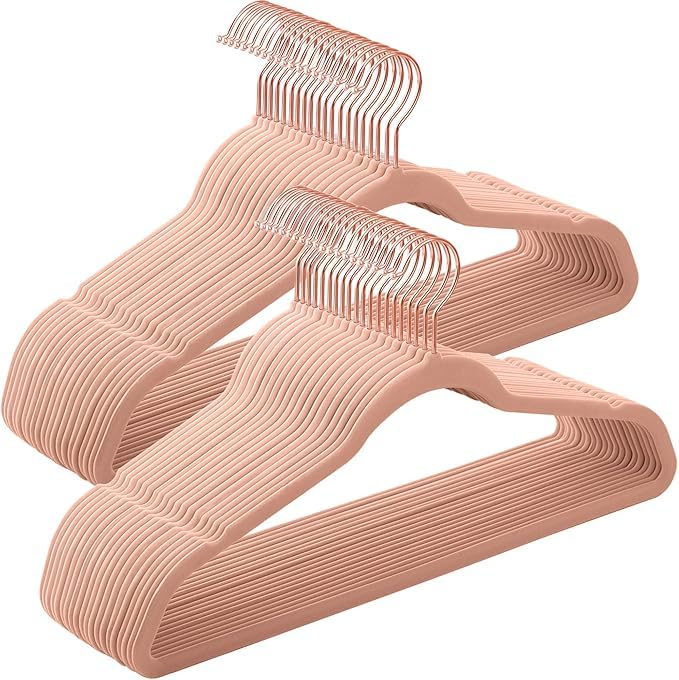 HilmGear Velvet Hangers, Set of 50 Packs Clothes Hanger with Rose Gold Swivel Hook, Non-Slip, and Space-Saving, 0.2-Inch Thick, 17.1-Inch Long for Coat, Shirt, Dress, Pants, Tie (Pink, One Size)
