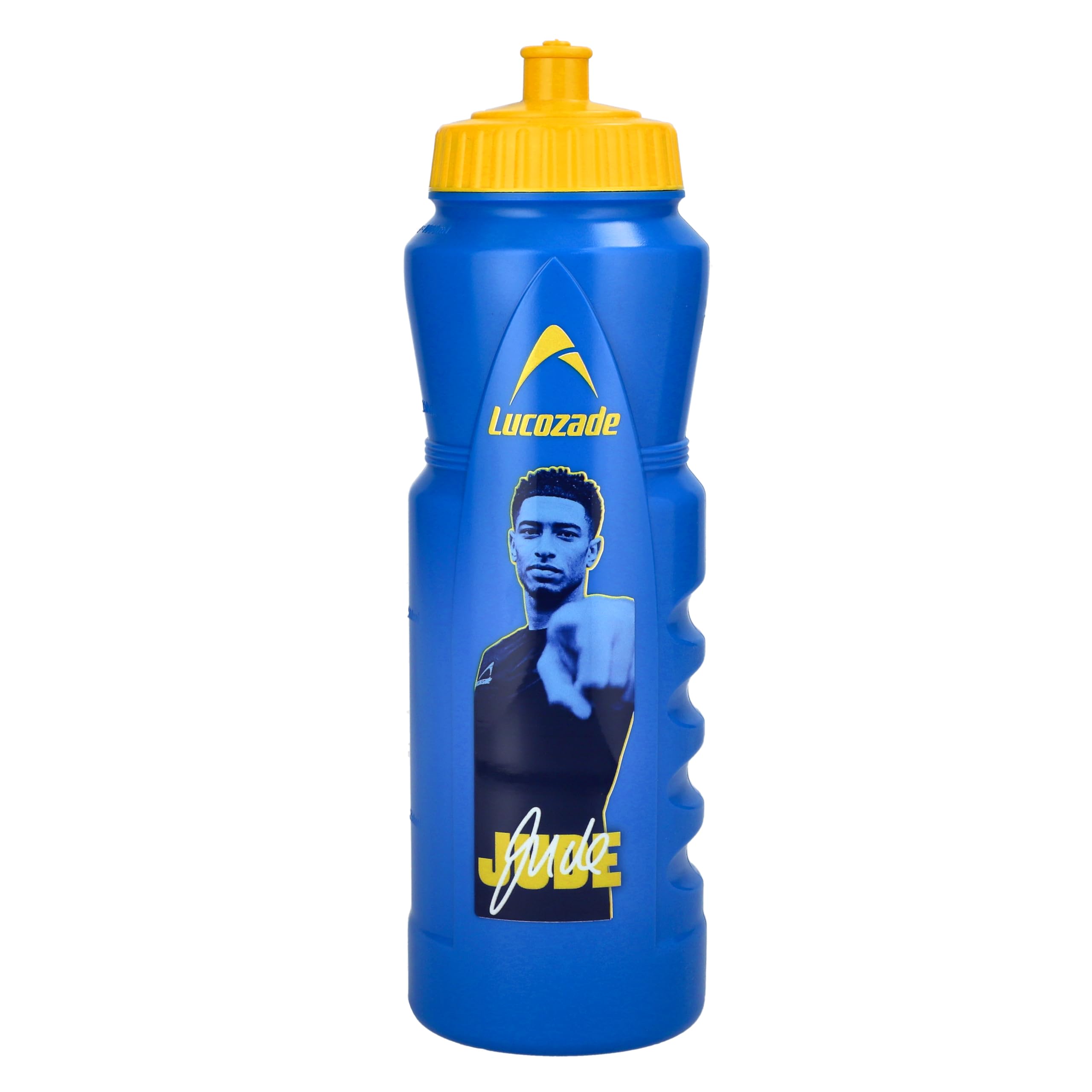 Lucozade Sport x Jude Bellingham 1L Sports Water Bottle – leak proof, with sports cap & measuring strip, in yellow & blue
