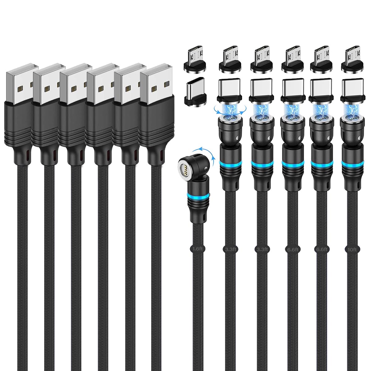 Photo 1 of Losuesme Magnetic Charging Cable (6-Pack,1.6+3.3+3.3+6.6+6.6+10ft) 540° Rotation Magnet Phone Charger USB C Cable 3A Fast Charging Magnetic Charger Cable with LED Light for Micro USB Type C Device