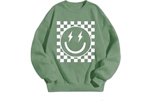 SHENHE Girl's Checkered Sweatshirt Smiley Face Graphic Cute Preppy Crewneck Sweatshirt Pullover Top Fall