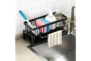 Black Auto Draining Sponge Holder Sink Dishcloth Drainer for Kitchen Sink Organizer with Soap Tray Dish Brush Towel Bar Rust 