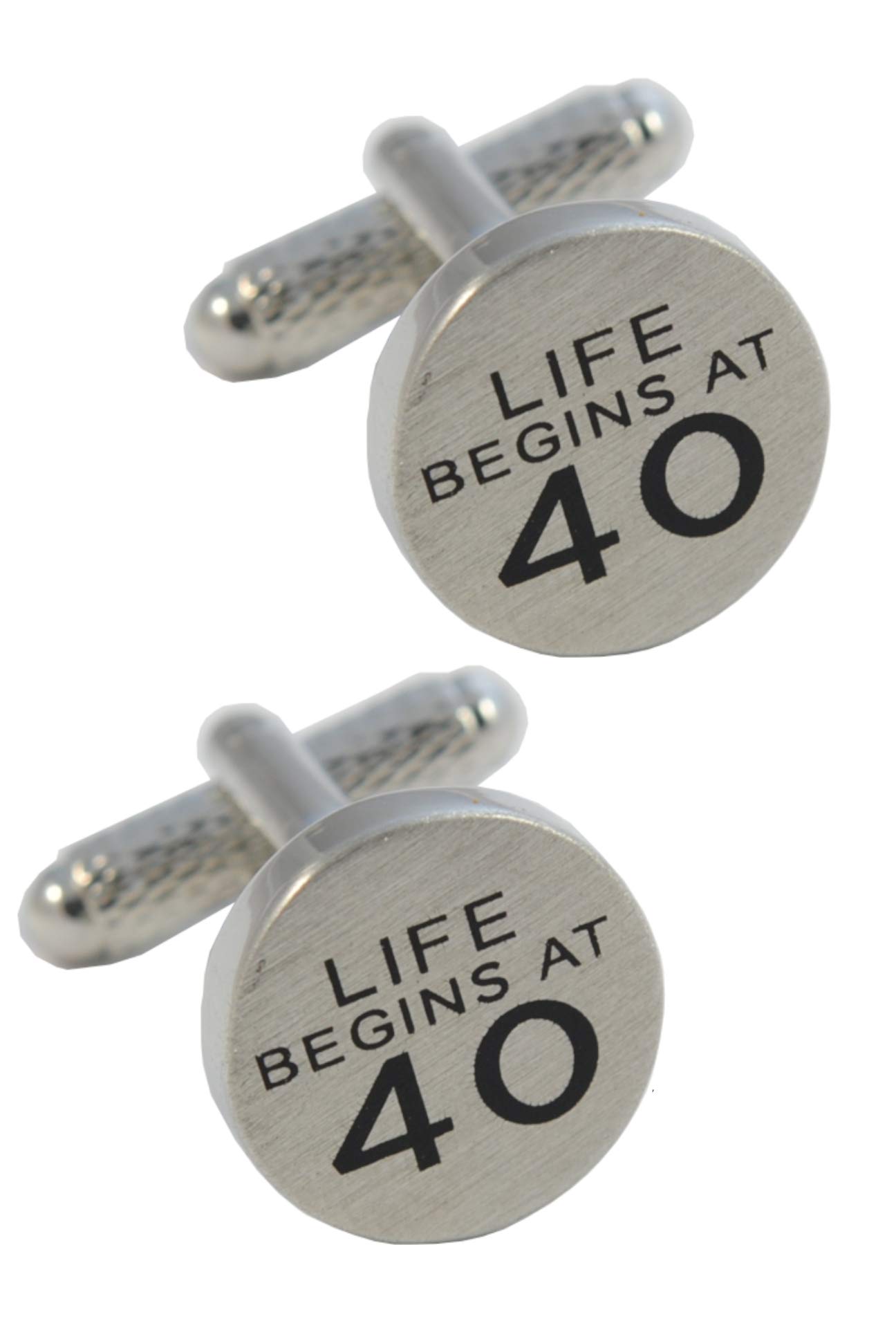 Cufflinks for Men + Presentation Box - 40th Birthday - Life Begins At 40 - Brass Metal - Special Birthday Celebration Milestone - Silver and Black Colours - One Pair