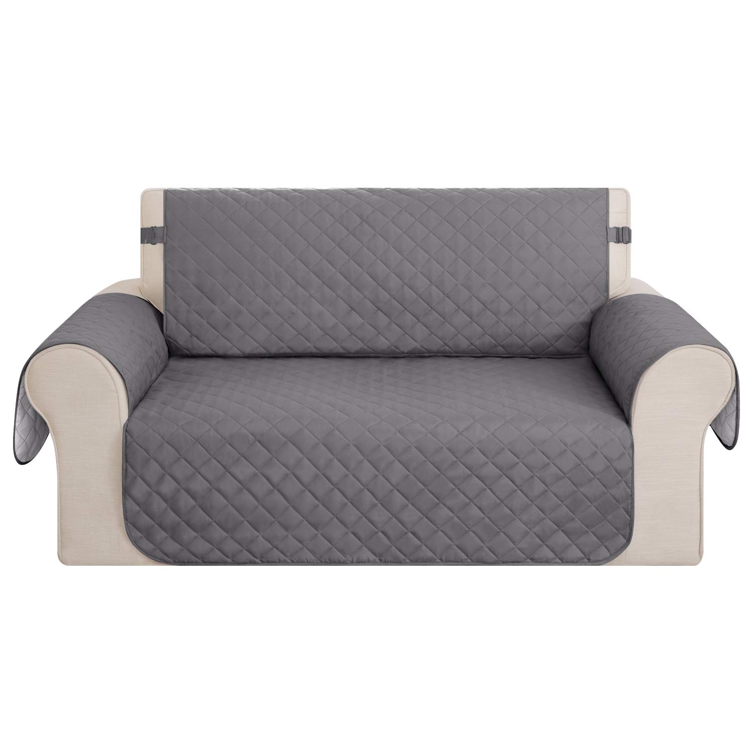Deconovo Sofa Furniture Covers Slipcovers with Elastic Straps and Side Pockets Square Check Microfiber Sofa Furniture Protectors Light Grey Two Seater