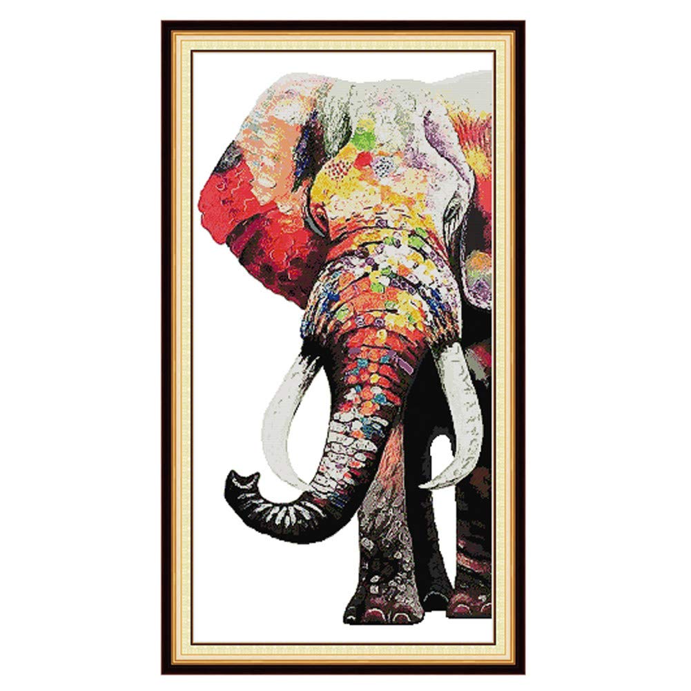 WOWDECOR Cross Stitch Embroidery Kits for Adults Kids, Colorful Elephant Animals 11CT Stamped DIY DMC Needlework Easy Beginners