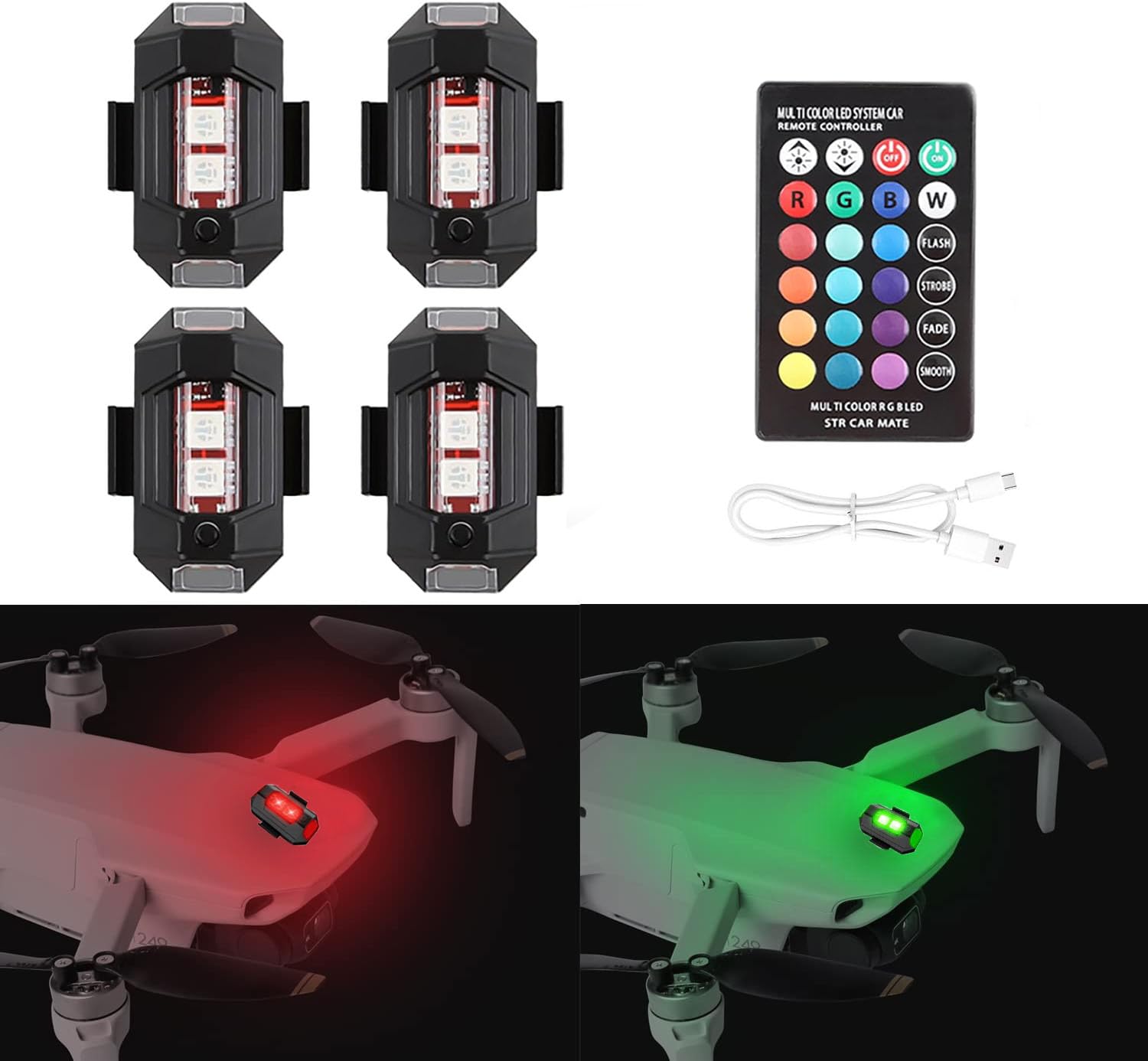 JinRui-T 4PCS LED Drone Strobe Light with Remote Wireless LED Strobe Light 16 Colors USB Rechargeable Flashing Lights Drone Anti-Collision Lighting for Car Motorcycle Aircraft RC Boat Dirt Bike
