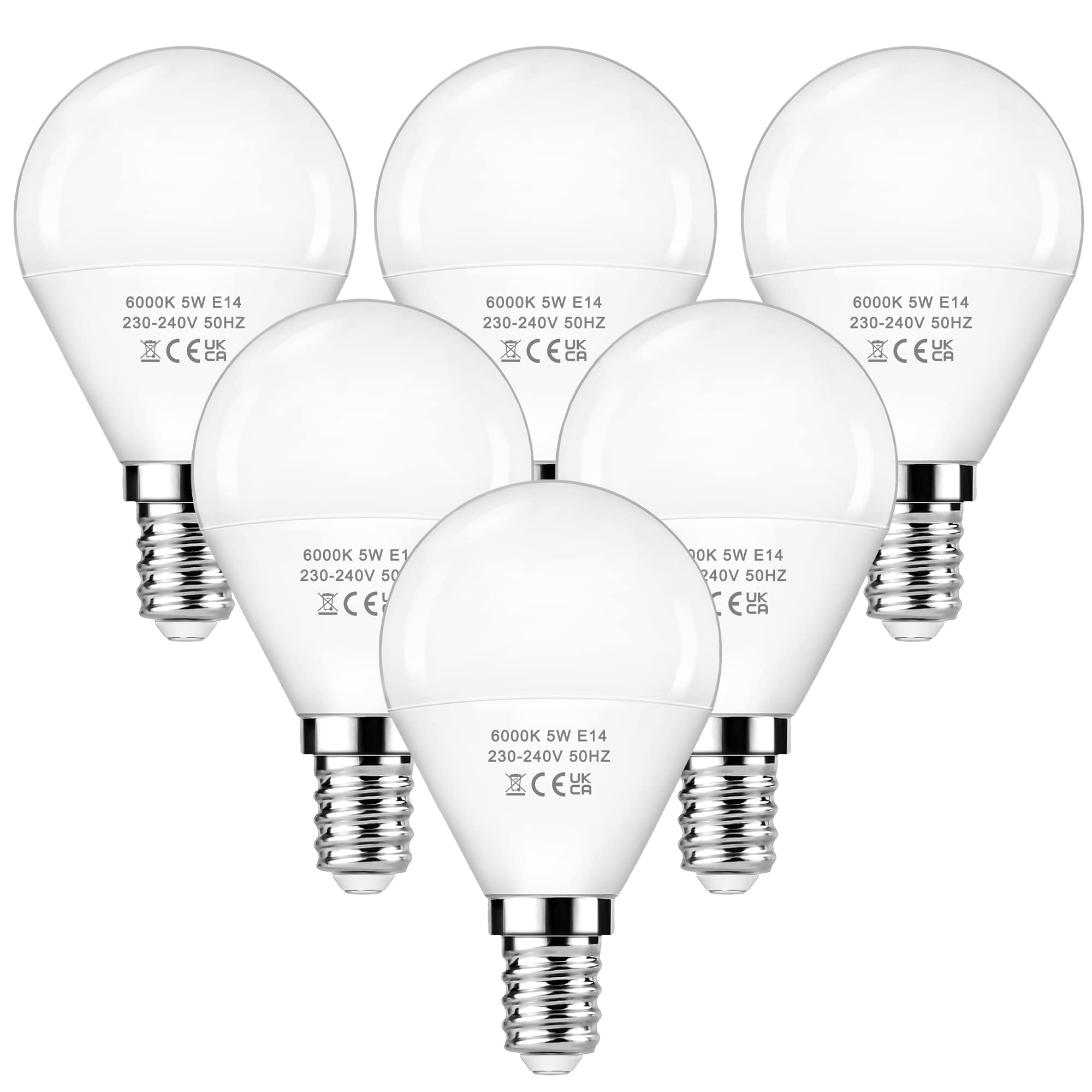 EvaStary E14 LED Light Bulb, P45 Golf Ball 5W (40W Incandescent Equivalent), Small Edison Screw Daylight White 6000K, Non-Dimmable G45 Lamps, 6 Pack