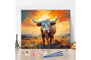 TUMOVO Animals Paint by Number for Adults, Texas Longhorn Steer at Sunset Paint by Numbers Kits for Beginner, Abstract Painting Kit DIY Canvas Arts with Brushes and Pigment, 16x20 Inch, Frameless