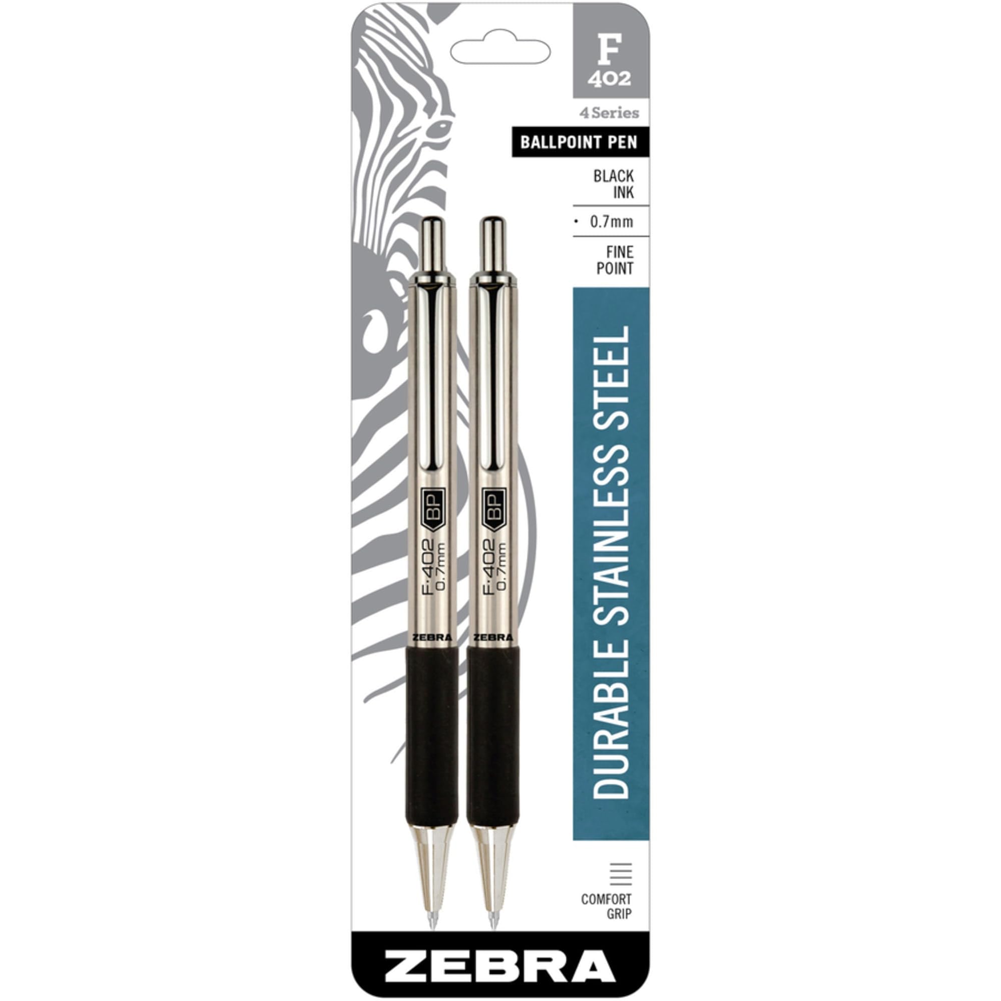 Zebra Pen F-402 Stainless Steel Retractable Ballpoint Ink Pens 2-Pack, Black Ink, 0.7mm Fine Point, Easy-Glide Ink, Non-Slip Grip, Metal Clip, Refillable With F-Refill (29212)