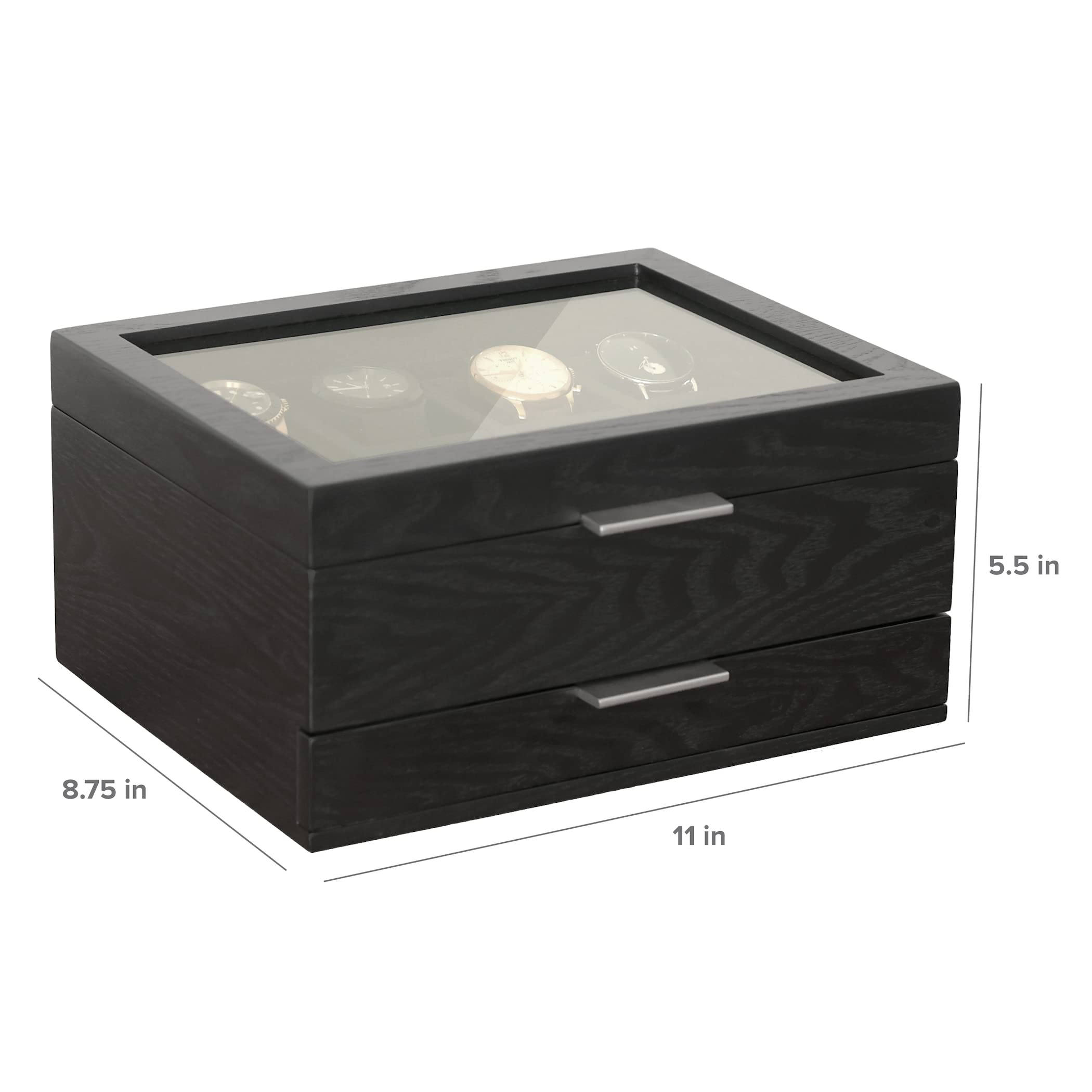 8 Slot Watch Box Case Organizer for Men, Black Finish, Watch Display Case, Modular Valet Tray, Apple Watch Compatible with Apple Watch Stand, Accessory Drawer, Pillow Stands