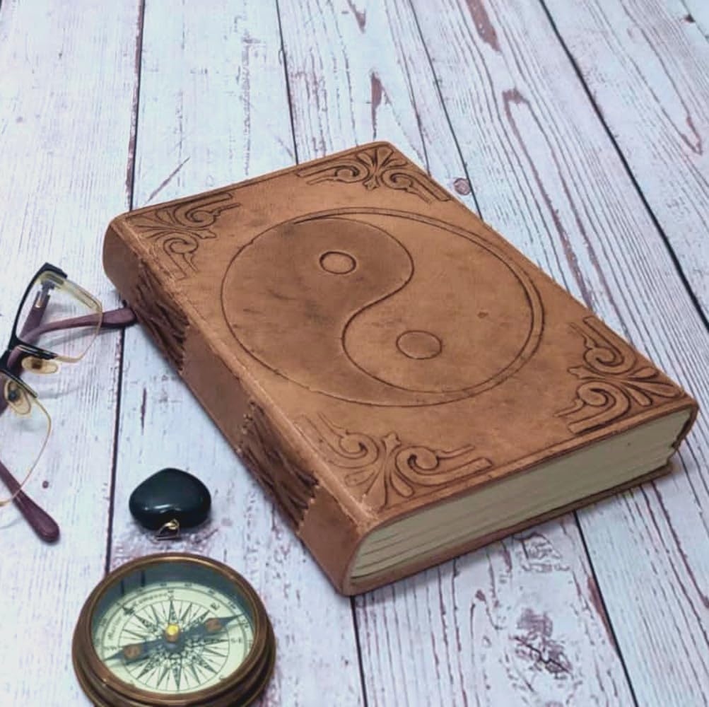 Purpledip Leather Journal (Diary Notebook) 'Yin-Yang': Handmade Paper In Leather Cover For Corporate Gift or Personal Memoir (11320)